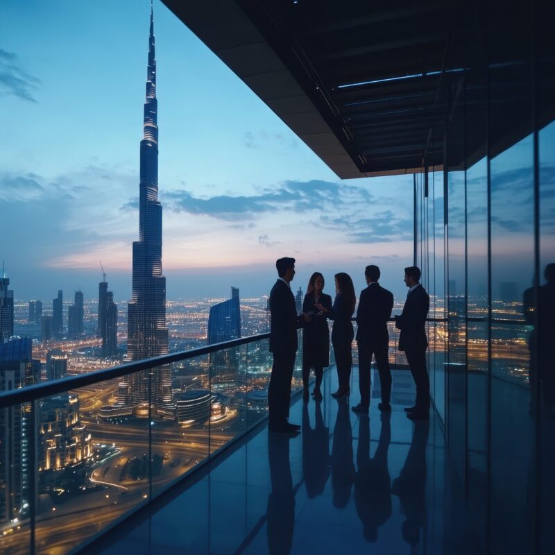 group-people-stand-balcony-overlooking-city
